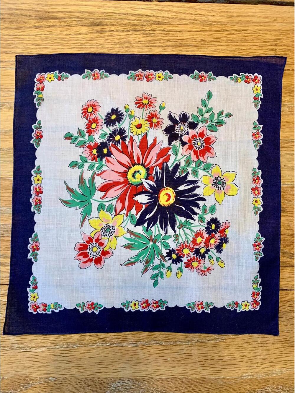 Vintage Navy Border Floral Handkerchief